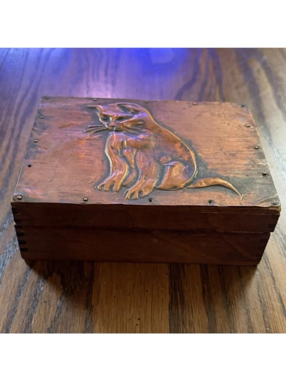 Vintage  Wood Trinket Box Embossed Copper Plate with Domestic Cat 5.5x4x2”
